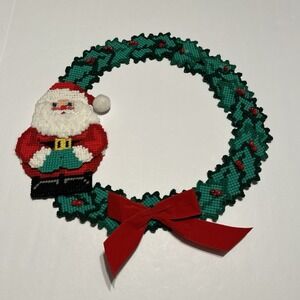 Vintage Christmas Finished Cross Stitch Plastic Canvas Holly Leaf & Santa Wreath